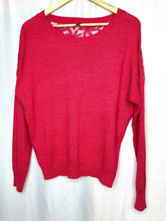 Bear Dance Sweaters - Bear Dance Sheer Floral Back Sweater, Medium Coquette Fairy Hippy Crewneck Berry